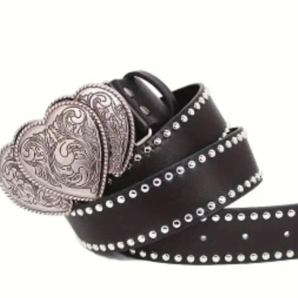 SIlver Tone Triple Heart Buckle with Black Pleather Studded 47" Belt